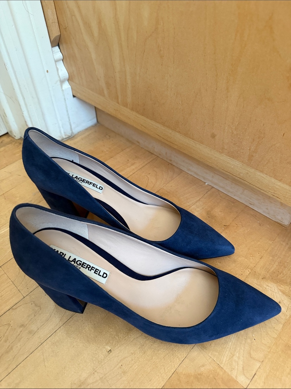 Karl Lagerfeld Addie Deep Navy KidSuede Pointed Block Heel Pumps